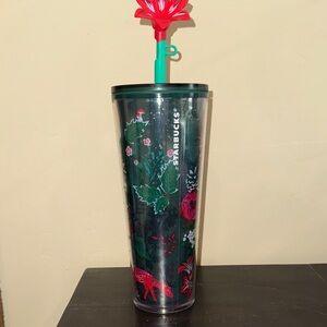 Starbucks Tumbler with Green and Red Floral Design